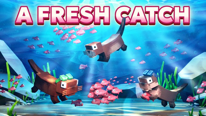 A 3D voxel-style graphic with the text "A FRESH CATCH" at the top, showing blocky otter characters swimming underwater surrounded by schools of pink fish.