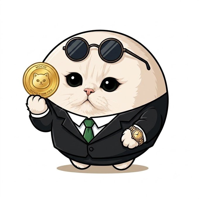 A cartoon cat dressed in a sharp black suit with round sunglasses, green tie, and gold wristwatch holds up a gold coin labeled "MOCHI" and "MEME COIN." The dapper feline mascot embodies the post's pitch of $MOCHI as a stylish, memeable cat memecoin.
