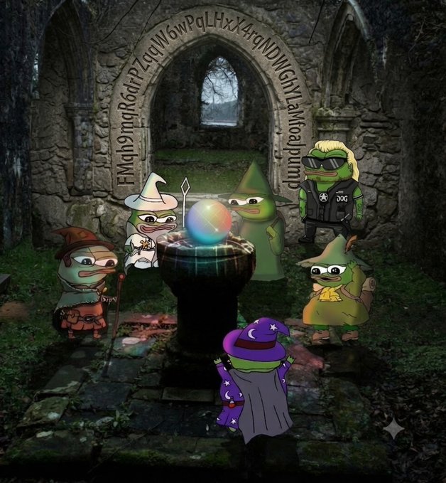 A whimsical digital artwork shows several Pepe the Frog characters dressed as wizards, witches, and warriors gathered around a glowing crystal ball in a gothic stone ruin.