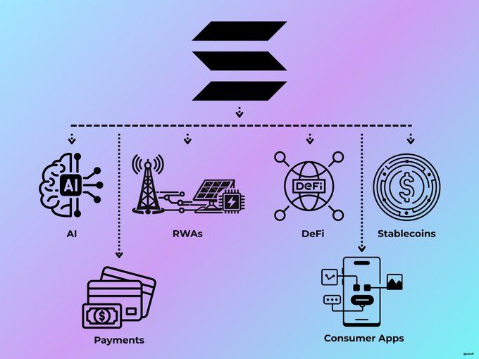 A flowchart with the Solana logo at the top branching into six ecosystem categories—AI, RWAs, DeFi, Stablecoins, Payments, and Consumer Apps—each represented by an icon, visually illustrating the post's list of Solana's builder niches.