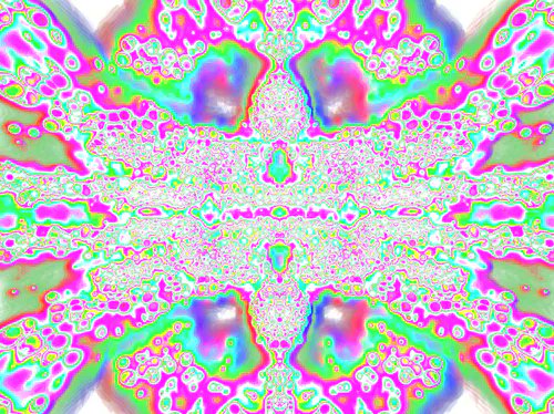 The image features a vibrant, colorful abstract design with a pattern of pink, green, blue, and white shapes arranged in a symmetrical manner. The background appears to be a gradient transitioning from light to dark shades of pink and purple. The image is accompanied by a caption that reads "✧ THE_VOID #10 : HYPER #7 : HARMONICS ✧" which provides context about the artwork's creator, the medium used (post), and its purpose or inspiration.