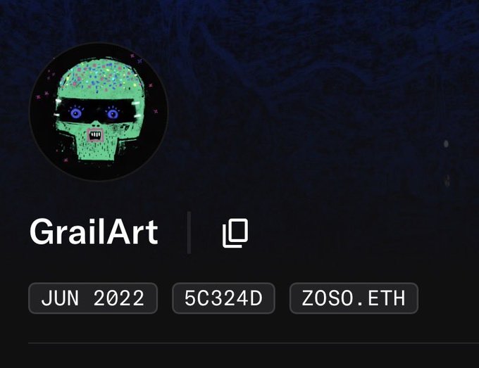 A digital profile page titled "GrailArt" displays a pixelated green skull wearing sunglasses, with details "JUN 2022", "5C324D", and "ZOSO.ETH".