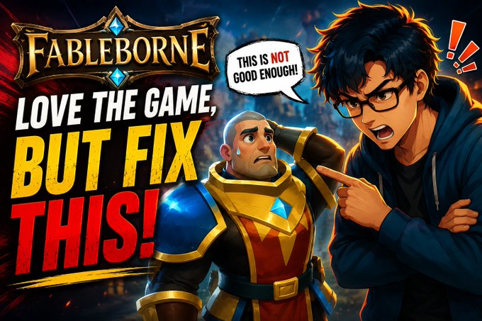 A YouTube thumbnail for 'FABLEBORNE' with the text 'LOVE THE GAME, BUT FIX THIS!' showing an anime-style character angrily pointing at a knight who is sweating nervously with a speech bubble saying 'THIS IS NOT GOOD ENOUGH!'.