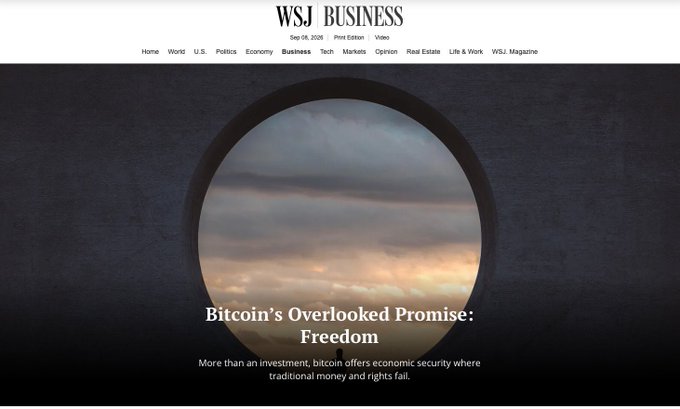 A WSJ Business webpage dated Sep 05, 2026, features an article titled "Bitcoin's Overlooked Promise: Freedom," with a circular window image showing clouds and a sunset, and a subtitle reading "More than an investment, bitcoin offers economic security where traditional money and rights fail."