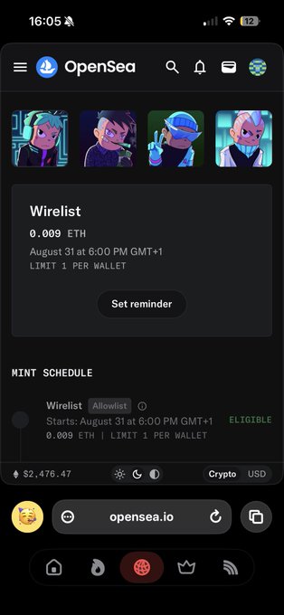 An OpenSea mobile browser page displaying an upcoming 'Wirelist' NFT drop priced at 0.009 ETH, scheduled for August 31 at 6:00 PM GMT+1, with a mint schedule showing the user as 'ELIGIBLE' and ETH price at $2,476.47.