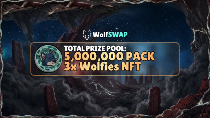A promotional banner for WolfSWAP featuring a mystical cave background with the text "TOTAL PRIZE POOL: 5,000,000 PACK" and "3x Wolfies NFT," alongside the WolfSWAP logo and a wolf coin image, advertising a $PACK trading competition where top traders can win from the prize pool.