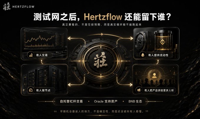 The image is a dark-themed promotional graphic for Hertzflow, featuring the headline "测试网之后，Hertzflow 还能留下谁？" (After the testnet, who will Hertzflow retain?) surrounded by four panels highlighting key value propositions: 有人交易 (trading activity), 有人做流动性 (liquidity provision), 有人做节点 (node operation), and 有人把产品讲给更多人听 (community advocacy). The graphic reinforces the post's theme by emphasizing that Hertzflow's long-term value depends on real participation—trading, liquidity, nodes, and community—rather than just short-term airdrop farming, with footer text noting pillars like 自托管杠杆交易 (self-custody leveraged trading), Oracle 支持资产, and BNB 生态.