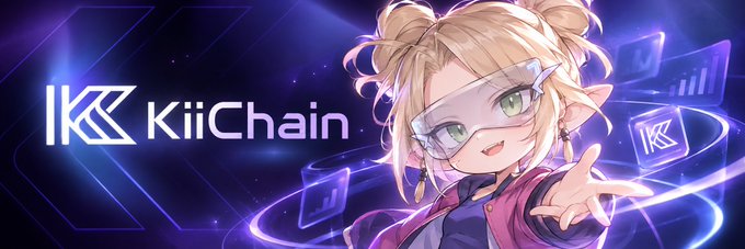 A banner for 'KiiChain' featuring an anime-style character with blonde hair and futuristic visor glasses against a purple tech-themed background with chain link icons.