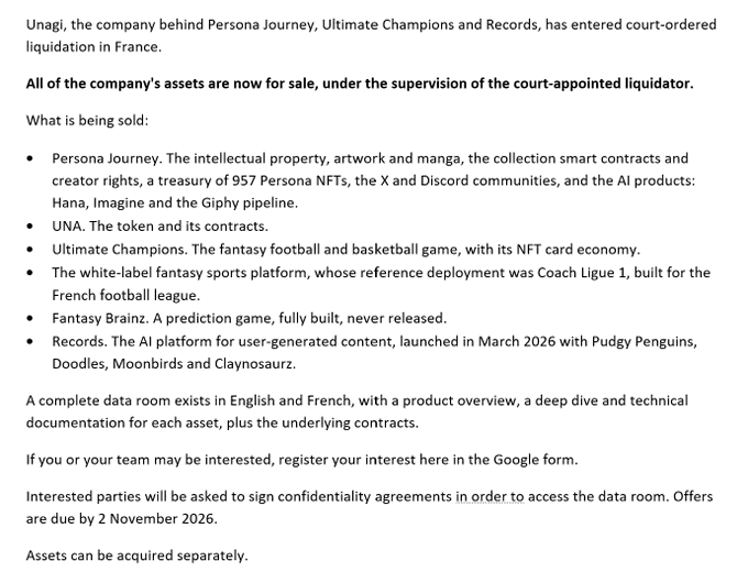 Text announcement stating that Unagi, the company behind Persona Journey, Ultimate Champions, and Records, has entered court-ordered liquidation in France, with all assets listed for sale including IP, NFTs, tokens, and various platforms.