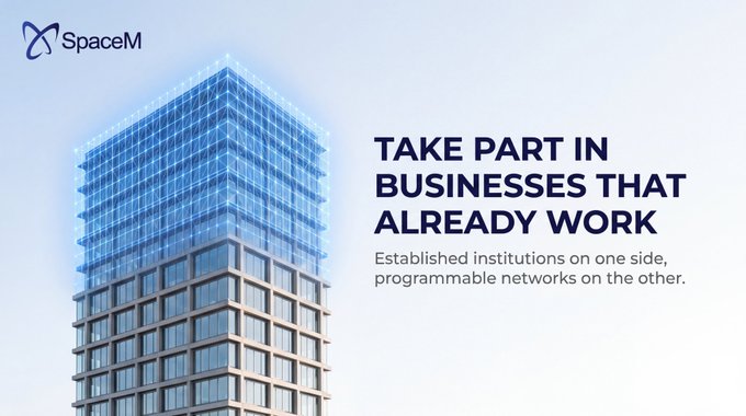 A promotional graphic for SpaceM displays a modern building with a glowing blue digital wireframe overlay, accompanied by the text 'TAKE PART IN BUSINESSES THAT ALREADY WORK.'