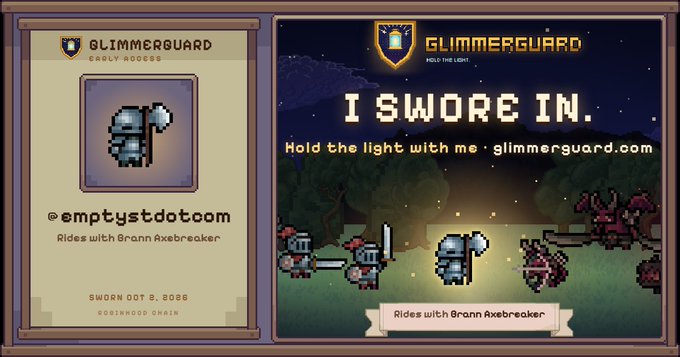 Promotional graphic for 'GLIMMERGUARD' featuring pixel art of a knight character, dated 'RockSWorn Out 8, 2025', with the text 'I SWORE IN.' and 'Rides with Brawn Axebreaker'.