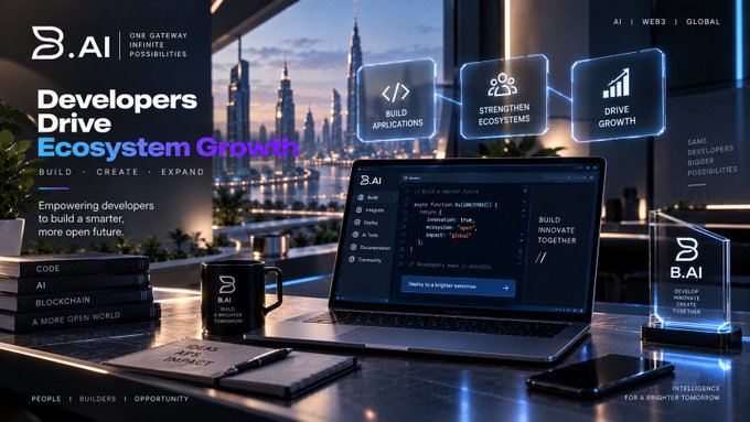 A promotional banner for B.AI ("ONE GATEWAY INFINITE POSSIBILITIES") advertising developer ecosystem growth with sections for "BUILD APPLICATIONS", "STRENGTHEN ECOSYSTEMS", and "DRIVE GROWTH", featuring a laptop displaying code for a vector database.