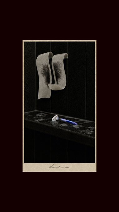 A dark, surreal still life artwork titled "Honest answer" showing burnt or curled paper hanging above a ledge with scattered white powder and a blue pen.