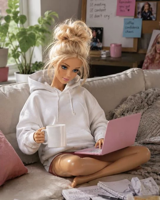 A Barbie doll with a messy blonde bun sits cross-legged on a beige couch, wearing an oversized white hoodie and holding a white mug and pink laptop amid scattered papers.