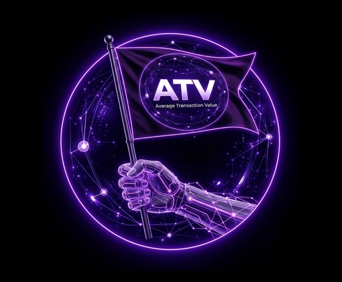 A futuristic purple neon graphic shows a geometric wireframe hand gripping a flag emblazoned with "ATV - Average Transaction Value" inside a glowing circular network of nodes. The imagery visually reinforces the post's message by symbolizing users taking firm control of their $ITL coin value through ATV's trading data platform.
