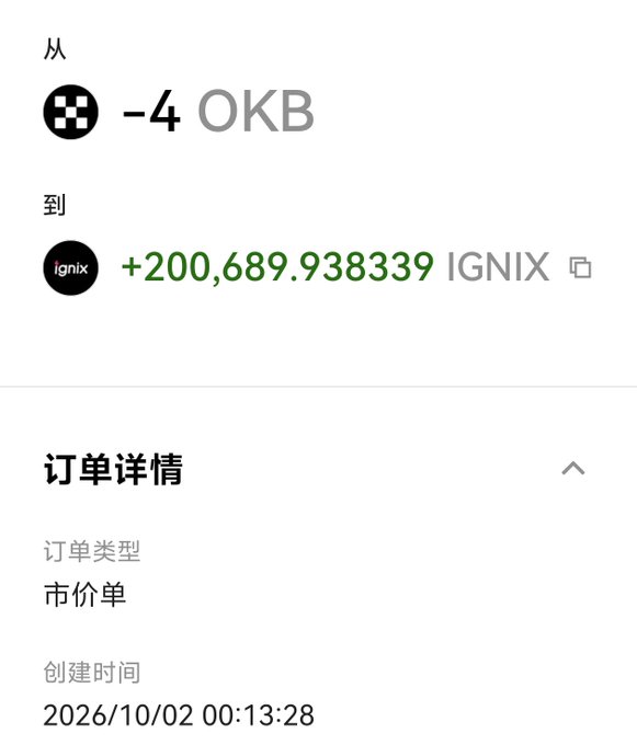 A crypto transaction screenshot showing a transfer of -4 OKB to a recipient, receiving +200,689.9383339 IGNIX tokens, with order details showing '市价单' (market order) created on 2026/10/02 at 00:13:28.