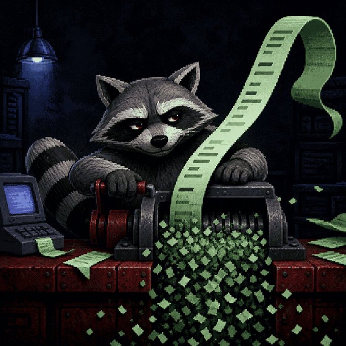 An illustration of a raccoon operating a paper shredder, with a long strip of green paper feeding into the machine and small green paper shreds falling onto the desk below.