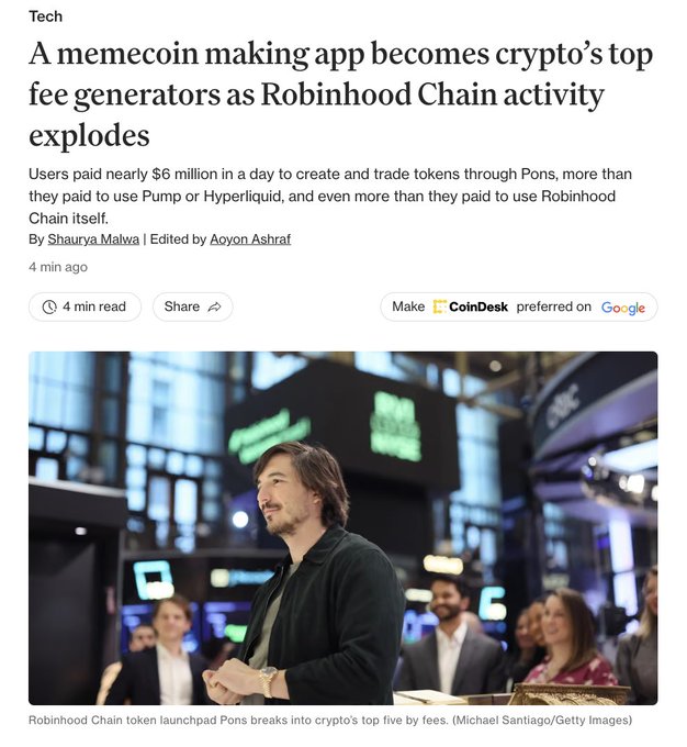 A CoinDesk Tech article headline reads "A memecoin making app becomes crypto's top fee generators as Robinhood Chain activity explodes," reporting that the Pons memecoin launchpad generated $5.95 million in fees in 24 hours. The accompanying photo, captioned "Robinhood Chain token launchpad Pons breaks into crypto's top five by fees," shows a man in a dark jacket at what appears to be the Robinhood Chain token launch event.