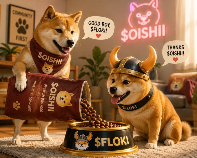 The image features two dogs, one wearing a helmet with horns and the other wearing a bandana that says "Good Boy!". They are standing next to each other near a bowl of food, which has the words "Flokki" written on it. The background includes a poster for GM @ FLOKI and a cat's head image.