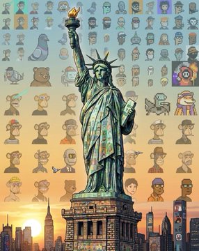 The Statue of Liberty standing prominently in the foreground against a backdrop of New York City at sunset, with the entire background filled with various cartoon character avatars and NFT-style artwork.