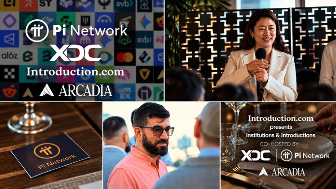 A collage promoting a networking event co-hosted by Pi Network, XDC, Introduction.com, and Arcadia, featuring Pi Network co-founders Nicolas Kokkalis and Chengdiao Fan, along with event branding and the Pi Network logo on a card.