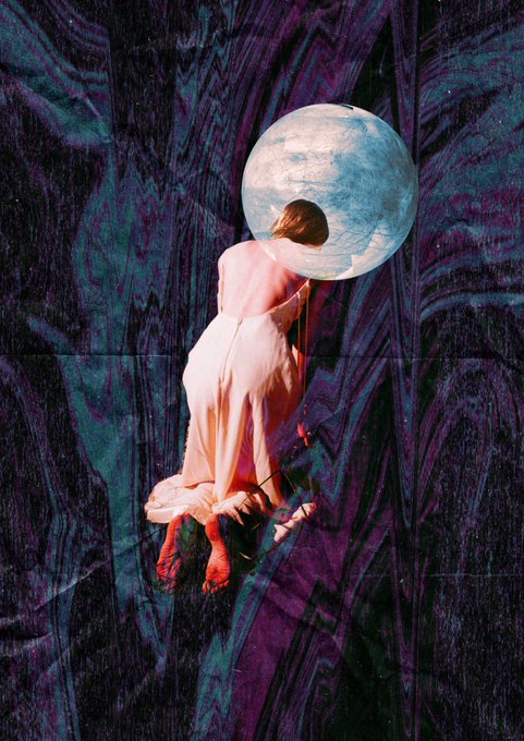 A surrealist photograph of a woman in a flowing white dress holding a large circular disc, set against a dark purple marbled background.