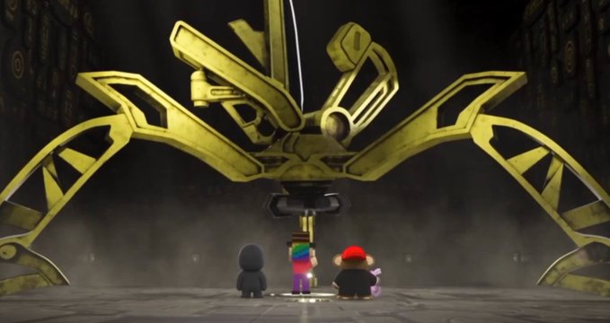 A digital rendering showing three small cartoon-like characters standing before a massive, ornate golden spider-like mechanical structure with extended legs in a dark, industrial environment.