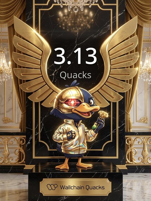 The image features a cartoon duck standing next to a black marble pedestal with gold accents, which has a plaque that reads "Wallchain Quacks". The duck appears to be wearing a gold jacket and holding a golden trophy. The text on the image states "Good evening Quackers I just earned 3.13 Quacks on @wallchain in one day What'S your earnings for the day?".