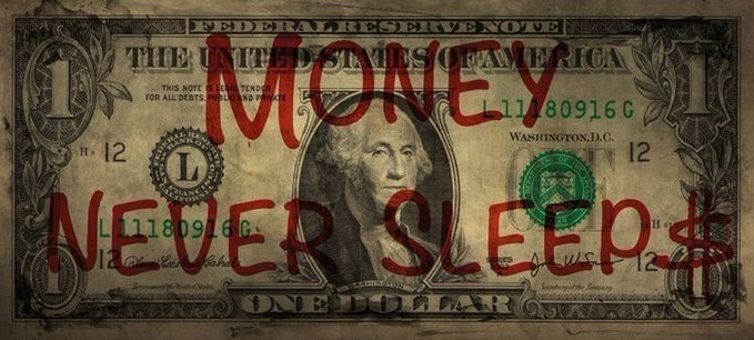 A weathered US one-dollar bill with the handwritten red text 'MONEY NEVER SLEEP$' scrawled across it, a play on the famous New York City graffiti.