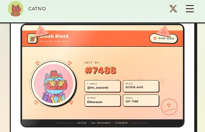 A screenshot of the 'CATIVO' website displaying NFT unit '#7488' titled 'Blush Block,' with details including the X handle '@im_souravb,' wallet '0x7A10...6645,' and Network 'Ethereum.'