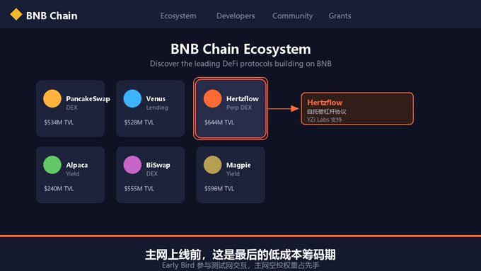 A BNB Chain Ecosystem page highlighting DeFi protocols including PancakeSwap ($534M TVL), Venus ($528M TVL), Alpaca ($240M TVL), Biswap ($555M TVL), and Magpie ($598M TVL), with Hertzflow Perp DEX ($644M TVL) emphasized with Chinese annotations.