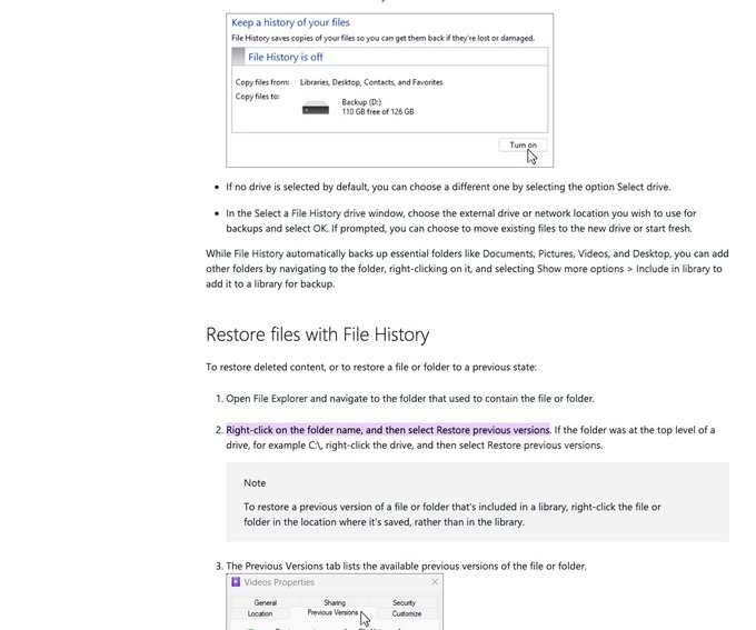 A Windows help page explaining how to use the 'File History' feature, with sections titled 'Keep a history of your files' and 'Restore files with File History', showing a 'Turn on' button being clicked.
