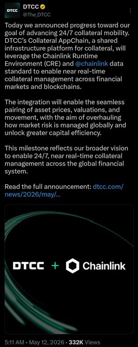 A tweet from @The_DTCC announcing progress toward 24/7 collateral mobility through the integration of DTCC's AppChain with Chainlink, aiming to enable real-time collateral management across financial markets.