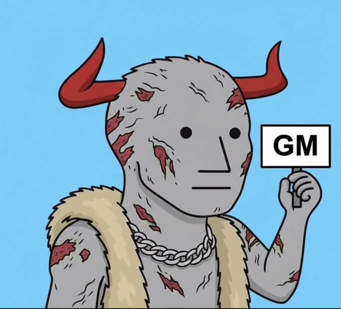 A cartoon illustration of a gray-skinned demonic character with red horns, red wounds on its body, wearing a fur vest and gold chain, holding up a sign that reads 'GM' against a blue background.
