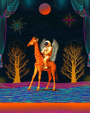 Surreal digital artwork depicting an astronaut riding a giraffe through a dreamlike stage setting with curtains, stars, and colorful lighting.