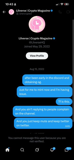 A screenshot of an encrypted Twitter DM conversation with Liverse | Crypto Magazine (@LiverseHQ) showing complaints about minting issues, ending with a notice 'You cannot message this user because you are not verified.'