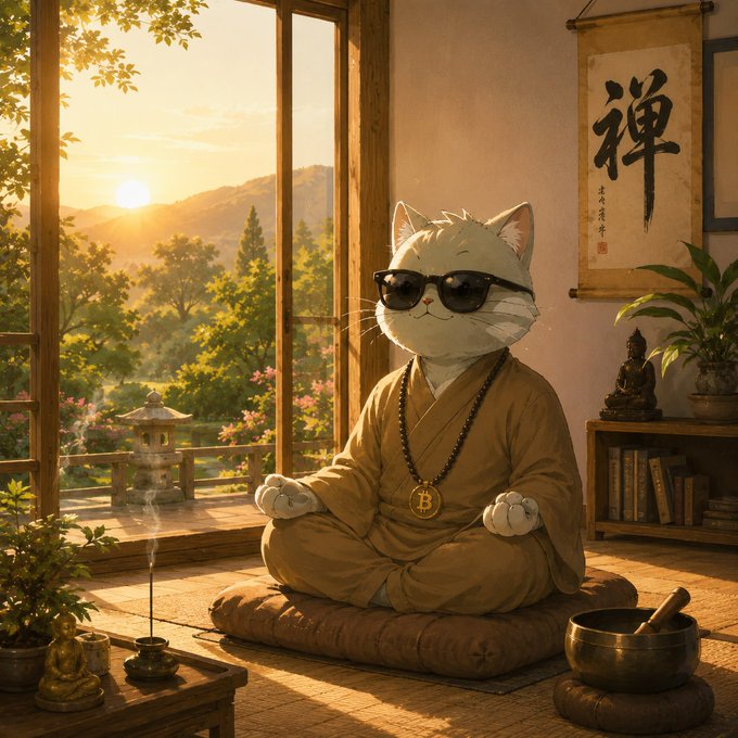 An AI-generated image of a white cat wearing sunglasses and a Bitcoin medallion, sitting in lotus meditation pose wearing monk robes, with a sunset view through a window and a '禪' (Zen) scroll on the wall.