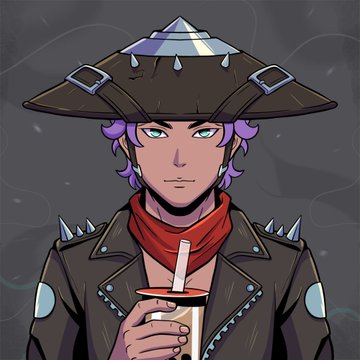 This image features a character with purple hair and a unique hat, likely an NFT design by @YokaioNFT, being discussed in a post appreciating a 1/1 creation and a 100 supply. The character's style and the context of NFTs connect directly to the accompanying text.