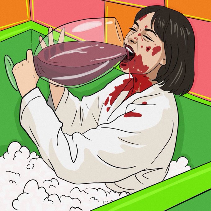 An illustration showing a woman with dark hair in a white shirt, covered in red splatters, drinking from a large wine glass filled with a dark red liquid while sitting in a green bathtub filled with bubbles.