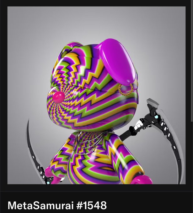 A 3D-rendered character named "MetaSamurai #1548," featuring a figure with a psychedelic purple, yellow, and green patterned head and body, holding two curved blades.