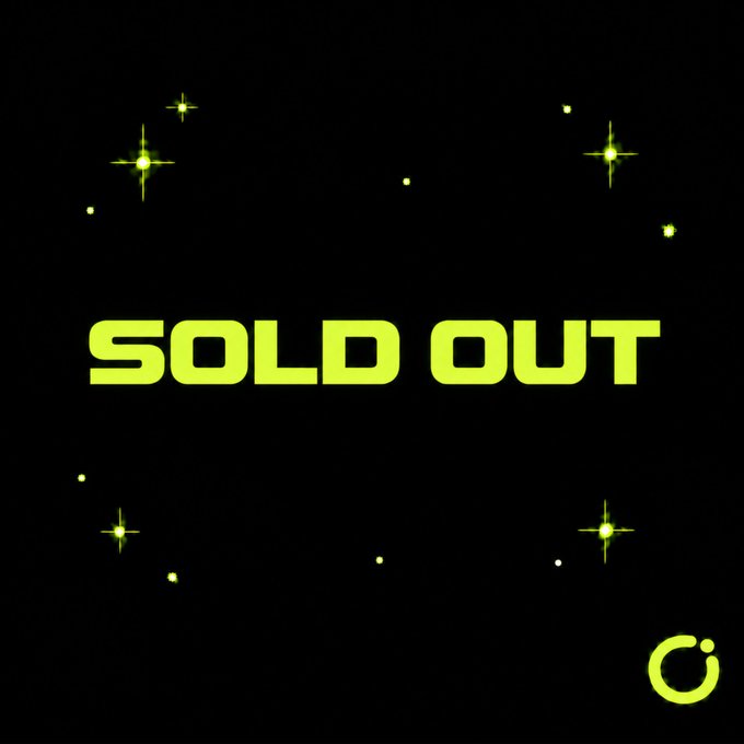 A black graphic featuring glowing green star-like sparkles with bold "SOLD OUT" text in the center and a green circular logo in the bottom right corner, confirming that the Halo Genesis Nodes are no longer available for purchase.