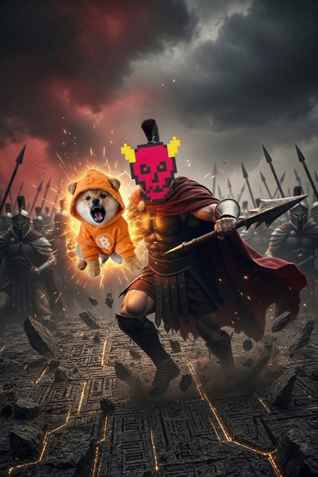 A dramatic digital artwork depicting a Spartan warrior with a glowing red pixelated mask charging into battle alongside a Shiba Inu dog wearing a hoodie with the Bitcoin logo.