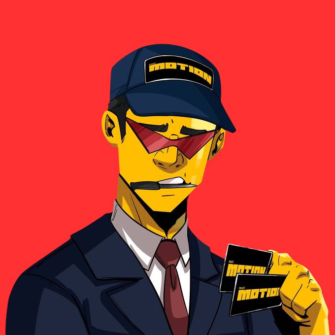 A yellow-skinned cartoon man in a navy suit, red tie, and "MOTION" branded cap glares with red sunglasses while holding two "MOTION" business cards against a red background. The image reinforces the post's promotional tone, with the character looking ready and available to collaborate and hand out whitelist spots.
