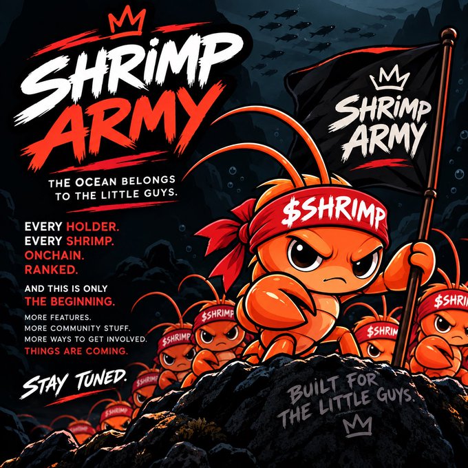 A promotional graphic for the "SHRIMP ARMY" cryptocurrency, featuring cartoon shrimp wearing red "$SHRIMP" bandanas and holding a black flag, with text reading 'THE OCEAN BELONGS TO THE LITTLE GUYS,' 'EVERY HOLDER. EVERY SHRIMP. ONCHAIN. RANKED,' 'AND THIS IS ONLY THE BEGINNING,' 'MORE FEATURES. MORE COMMUNITY STUFF. MORE WAYS TO GET INVOLVED,' 'THINGS ARE COMING,' and 'STAY TUNED. BUILT FOR THE LITTLE GUYS.'
