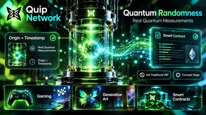 Promotional graphic for Quip Network featuring Quantum Randomness with Real Quantum Measurements, highlighting applications in Gaming, Generative Art, and Smart Contracts, noting it is 'Not Traditional VRF' and at 'Concept Stage'.