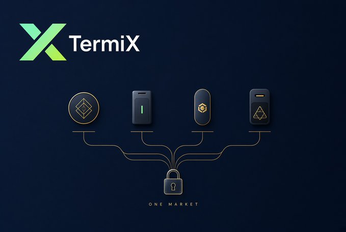 The image features the TermiX logo alongside four icons (a diamond, a server, a hexagon, and a triangle) connected by lines to a single padlock symbol, with the tagline "ONE MARKET" below. This visual reinforces the post's central thesis—TermiX positions itself not as a competing Agent, but as a unified marketplace protocol where disparate AI agents converge into a single secure economic layer.