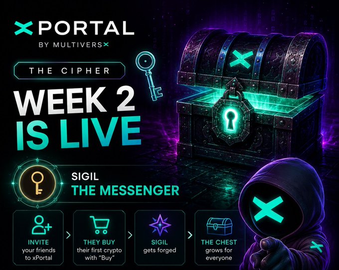 A promotional graphic for "XPORTAL BY MULTIVERSX" announcing "WEEK 2 IS LIVE" for "THE CIPHER," featuring a glowing treasure chest and a hooded mascot character with an X symbol, showing a process flow of Invite > They Buy > Sigil > The Chest.