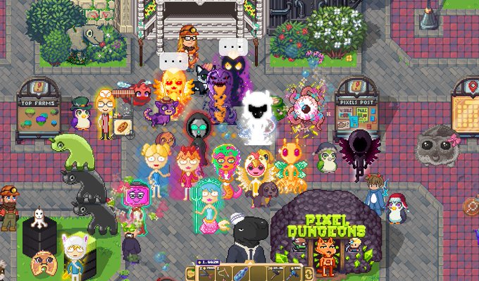 The image features a cartoon-like scene of a group of people gathered together, possibly at a party or event. The characters are depicted as cartoon-style figures with various colors and unique appearances. They are standing around each other, engaged in conversation or enjoying themselves. In the background, there is a building that appears to be a shop or venue related to the gathering. A post on social media can also be seen, which seems to be promoting an event or party. The image does not contain any text, but it does provide some context about what's happening in the scene and possibly serves as a source of information for those interested in attending similar events.