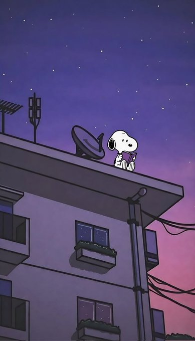 Snoopy sits atop a rooftop beside a satellite dish, gazing at a starry purple-pink twilight sky as if contemplating the cosmos. The whimsical scene evokes a sense of quiet reflection and forward-looking wonder, matching the post's theme of closing the day with gratitude while building toward the future.