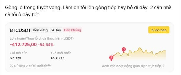 A Vietnamese financial app screenshot showing BTCUSDT down 84.64% to -412,725.00, with a desperate message asking for help to not lose hope or be scammed.